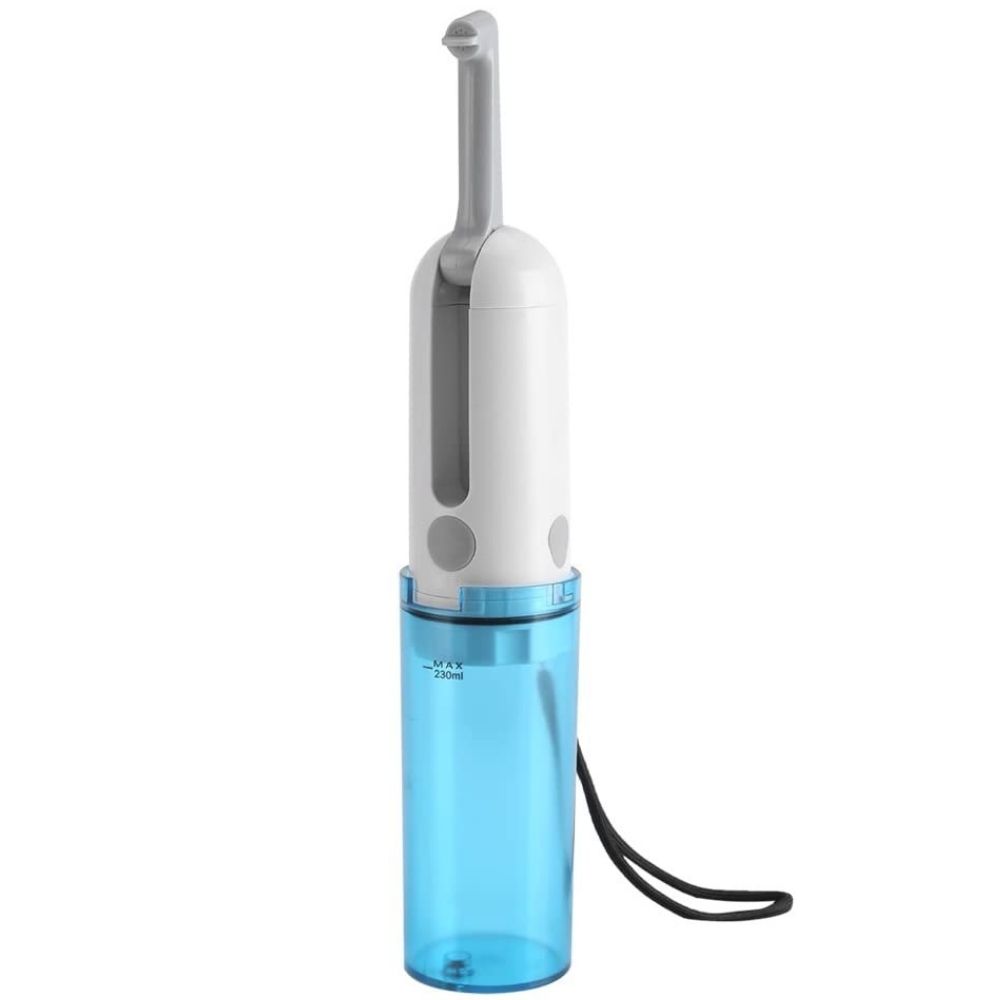 Folded rechargeable travel bidet held in one hand